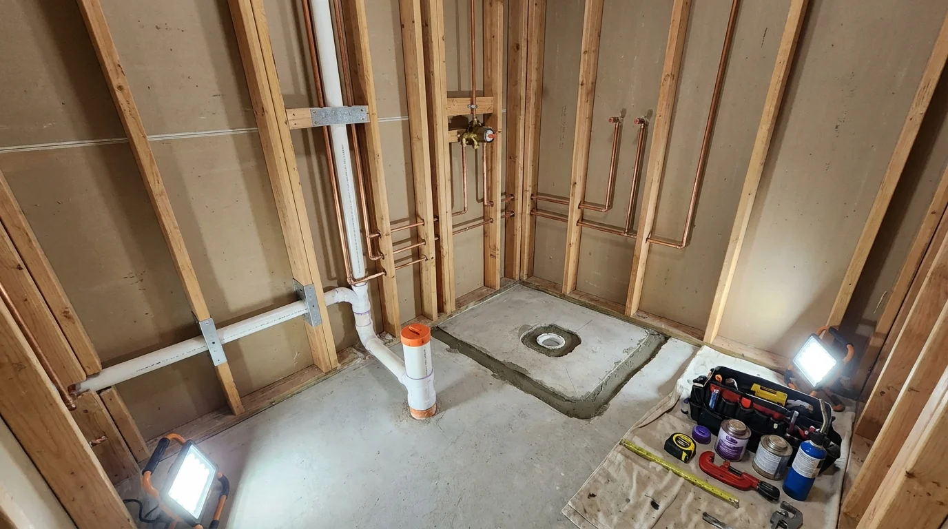 Bathroom rough-in plumbing during remodel by Johns Plumbing LLC in Paris
