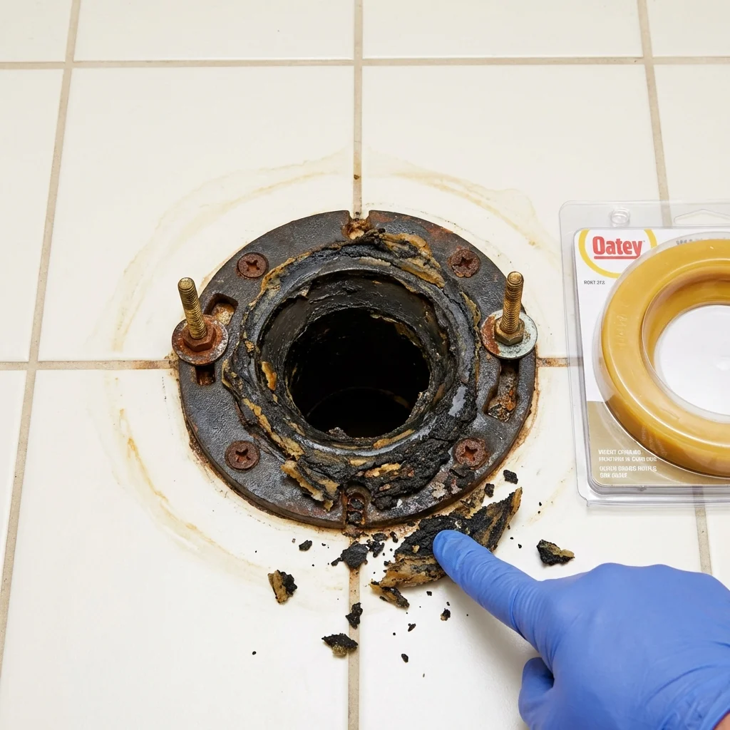 Failed wax ring showing water seepage at the base of a toilet in a Paris, TN home