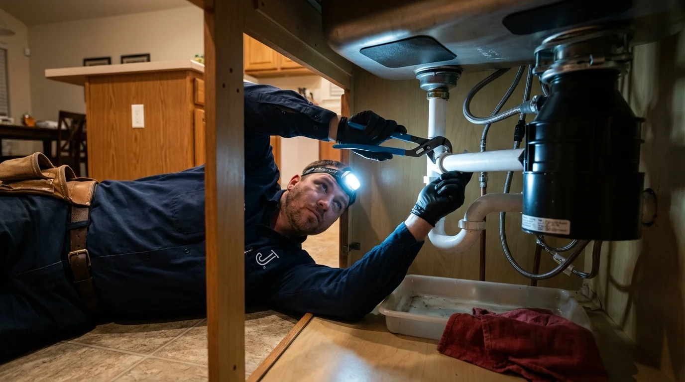 P-trap and supply line connections under a kitchen sink showing a common leak point in Paris, TN